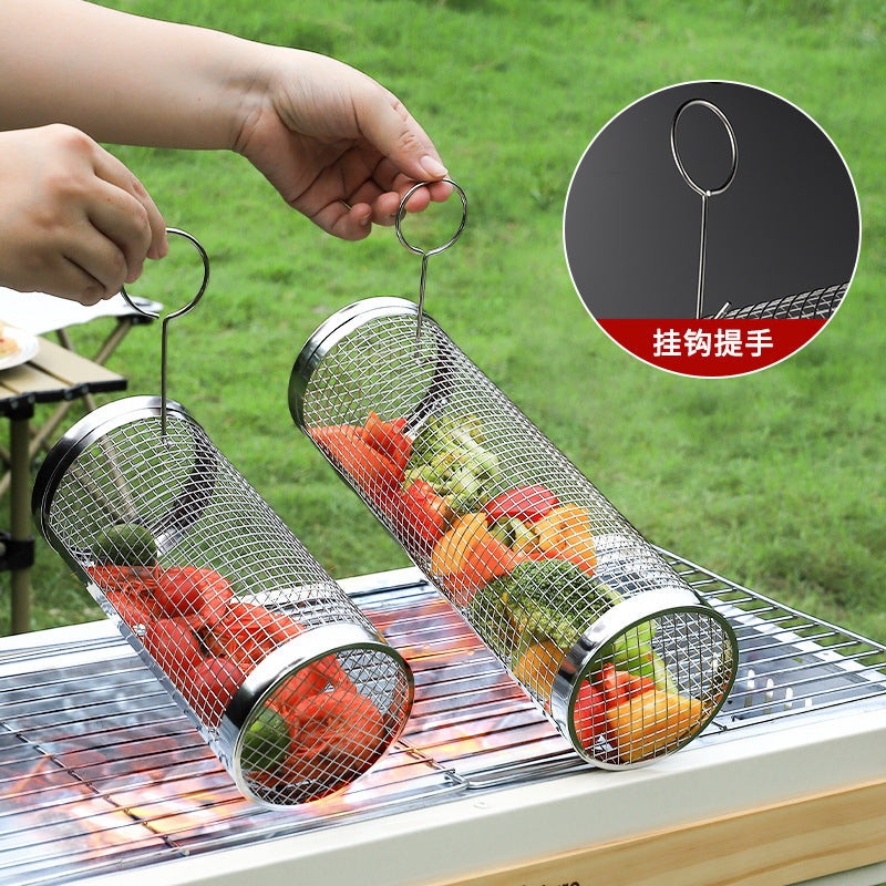 BBQ Cage Round BBQ Barrel Outdoor BBQ Smoked Cage Portable BBQ Stove Rotating Rolling Stainless Steel Cage