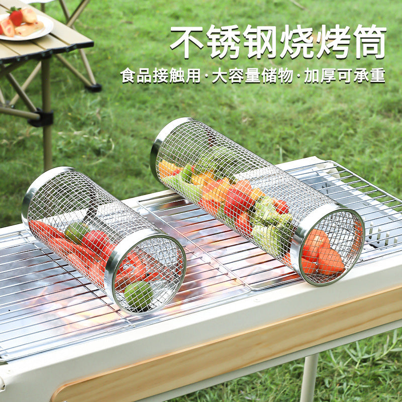 BBQ Cage Round BBQ Barrel Outdoor BBQ Smoked Cage Portable BBQ Stove Rotating Rolling Stainless Steel Cage